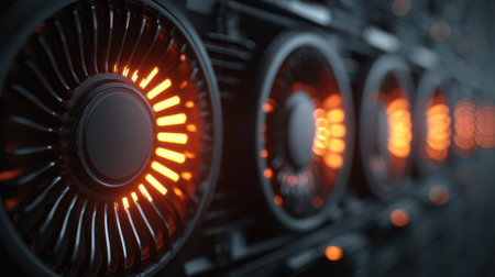 Advanced server technology features luminous circular vents highlighting a cutting-edge design.の素材