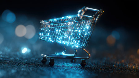 A close-up view of a miniature shopping cart featuring shimmering blue holographic lines, showcasing a festive and modern AI retail concept.の素材