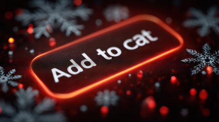 Close-up view of a bright add to cart button on a smartphone, surrounded by vibrant red lights and tiny snowflakes, creating a festive shopping vibe.の素材