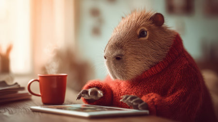 A capybara in a red sweater focused on a tablet while a coffee mug steam rises beside it in a warm, inviting space.の素材