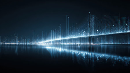 A stunning bridge of light beams stretches across a calm waterway, representing advanced infrastructure and connectivity in a futuristic cityscape.の素材