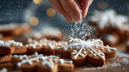 A hand sprinkles sugar over beautifully decorated gingerbread cookies during the festive season. The warm glow of the lights adds cheer.の素材