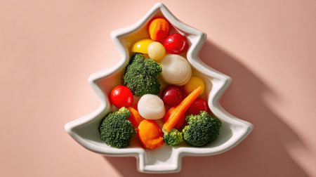 Colorful assortment of fresh vegetables arranged like a Christmas tree, resting on a warm pink backdrop, inviting and playful.の素材