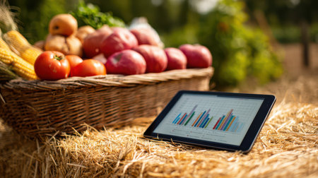 A tablet displaying graphs rests on a hay bale, surrounded by a basket of fresh produce, illustrating modern organic farming methods.の素材
