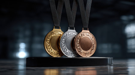 Three medals in gold, silver, and bronze elegantly rest on a display stand, showcasing triumph and dedication in a profound setting.の素材
