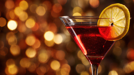 A vibrant cocktail rests elegantly in a glass, adorned with a slice of lemon.の素材