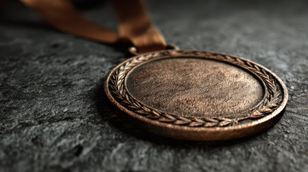 A bronze medal with intricate details lays on a dark textured surface, reflecting soft light and showcasing its elegant design.の素材