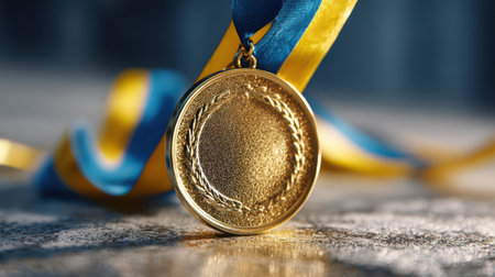 This stunning golden medal hangs elegantly from a blue and yellow ribbon, symbolizing victory and hard work.の素材