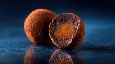 Two rich dark chocolate truffles rest against a bright background, one revealing a luscious caramel center, showcasing their tempting allure.の素材