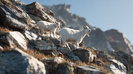 Two white mountain goats navigate rugged rocks under bright sunlight. The stunning landscape showcases nature's beauty and wildlife.の素材