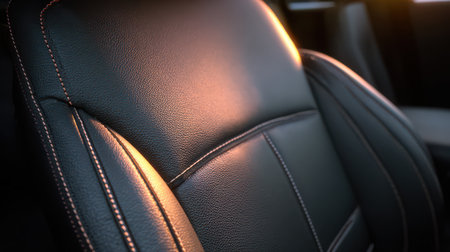 Warm sunlight gently illuminates the textured leather seat, showcasing its intricate stitching in a serene, stylish setting.の素材