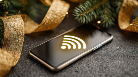 A bright contactless payment symbol glows on a smartphone, surrounded by pine branches and elegant golden ribbon, capturing a festive fintech moment.の素材