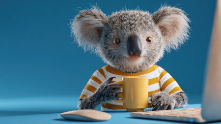 A friendly koala sits at a computer desk, wearing a striped t-shirt and holding a yellow cup, surrounded by soft lighting and a blue background.の素材