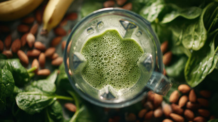 A top view shows a blender with spinach, banana, and almond milk on a bright kitchen counter with vibrant greens and nuts.の素材