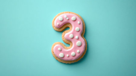 A vibrant number three cookie topped with pink icing and white polka dots sits beautifully on a calm mint green surface, perfect for celebrations.の素材