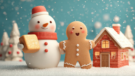 A cheerful snowman holds a golden block as a happy gingerbread man places red bricks to create a festive Christmas house in a snowy landscape.の素材