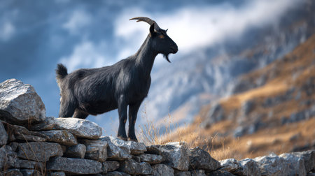 A black goat stands on a traditional stone wall, gazing over a breathtaking mountain scene under a blue sky, showcasing nature's beauty.の素材