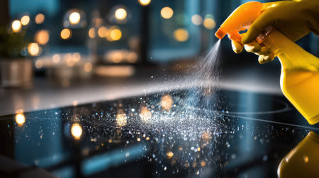 A cleaning professional sprays a solution on a sleek glass stove, ensuring a sparkling finish.の素材