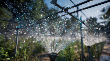 A smart irrigation system functions in bright sunlight, delivering precise water to plants while showcasing realistic textures and cinematic depth.の素材