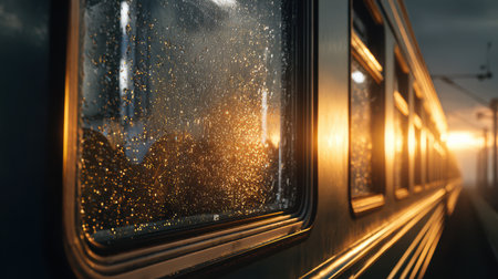 A golden sunset glimmers on the glass of a train window, creating a calm atmosphere as the day fades into night.の素材