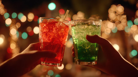 Two hands raise glasses filled with vibrant red and green beverages. Twinkling lights create a cheerful backdrop for this lively celebration.の素材