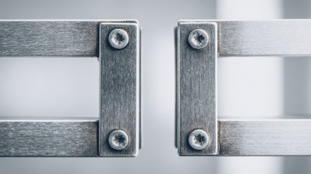 A close-up reveals a sleek metallic bar linking two square frames, showcasing the elegance of stainless steel against a gentle gradient backdrop.の素材