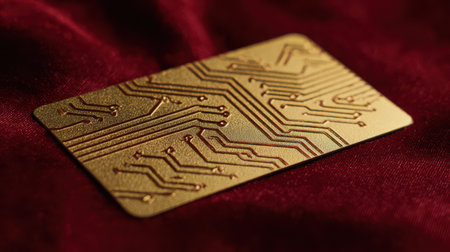 This golden gift card, adorned with embossed circuit lines, shines softly on rich red velvet. It captures the spirit of holiday fintech celebrations.の素材