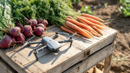 A drone controller sits on a wooden crate next to colorful veggies, highlighting the fusion of tech and sustainable agriculture.の素材