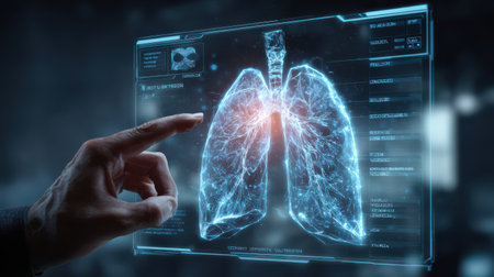 A hand interacts with a glowing digital representation of human lungs, showcasing intricate details.の素材