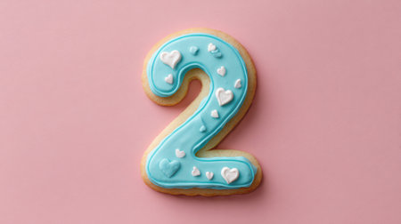 A delightful number 2 cookie features light blue frosting and tiny white hearts, resting on a soft pastel pink background.の素材