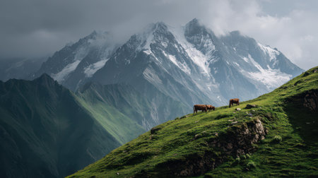 Cows peacefully graze on lush green hills as towering mountains rise dramatically in the background under a cloudy sky.の素材
