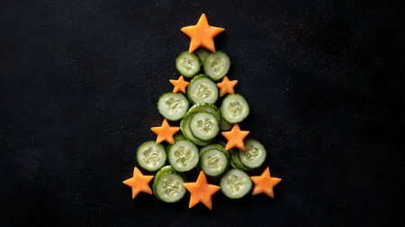 Fresh cucumbers and star-shaped carrots are arranged in a festive Christmas tree design, set against a dark backdrop for a unique holiday decoration.の素材
