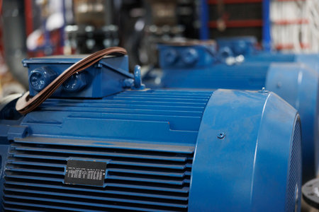 Heavy-duty blue motors are arranged neatly in a bustling factory workshop, ready for installation...