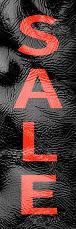 Black banner background patent leather texture close up, inscription SALE in large red letters. Black Friday pre-holiday shop and sale concept. Vertical layout. Flyer shopping, online sale. Screensaver siteの写真素材