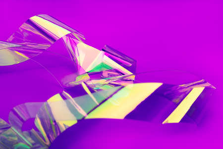 Abstract background holographic tape, bright purple, yellow, blue colors, blurred, beautiful 90s style wallpaper, glowing festive gradient neon 90s. The texture liquid metal, multi-colored foil. Place text.の写真素材