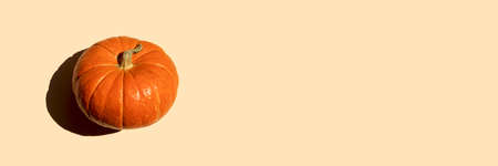 Autumn banner orange pumpkin closeup on a beige background on bright sunny day, top view with copy space. Concept for the beginning of autumn holidays Thanksgiving, invitation card mockup.の写真素材