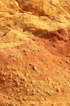 A vertical wall of yellow-orange ocher sandstone on the coast. Sand wall texture on a sunny day,...