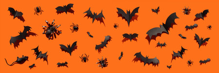 Halloween splash screen banner black paper bats, spiders, mouse with hard shadows on orange background. Halloween decoration with your own hands, holiday decoration mockup.の写真素材