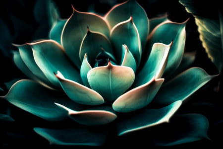 Wild growing succulents macro, close-up flower head green colors in their natural environment. Echeveria succulent in beautiful evening light. AI generation.の素材