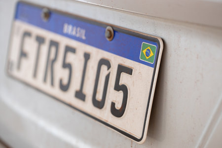 Cassilandia, Mato Grosso do Sul, Brazil - 2020 12 23: New license plate standard implemented in the member countries of the Mercosur with selective focus on the flag of Brazilのeditorial素材