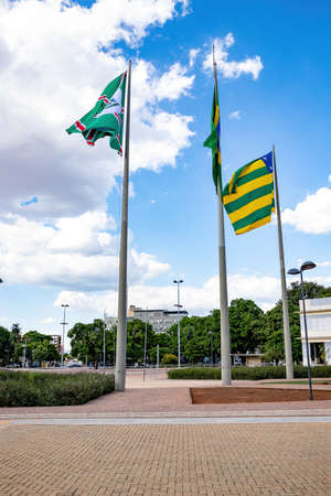 Goiania / Goias / Brazil - 02 01 2019: Flags of the city of Goiania, state of goias and the Federative Republic of Brazil at plaza Dr. Pedro Ludovico Teixeiraのeditorial素材