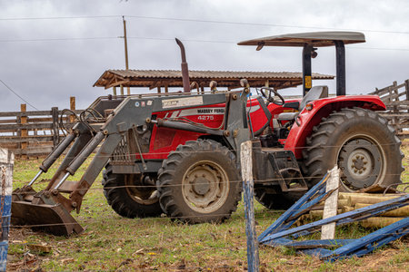 Itaja, Goias, Brazil - 10 14 2021: Red Massey Ferguson Model MF 4275 Tractor with Attached Loaderのeditorial素材