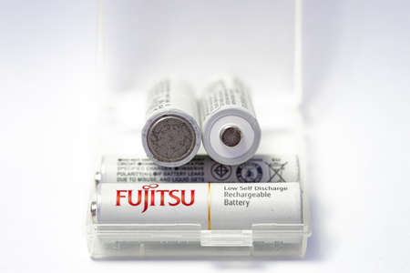 Cassilandia, Mato Grosso do Sul, Brazil - 11 20 2021: Fujitsu AA-size batteries and ni-mh technology in a selective focus battery holderのeditorial素材
