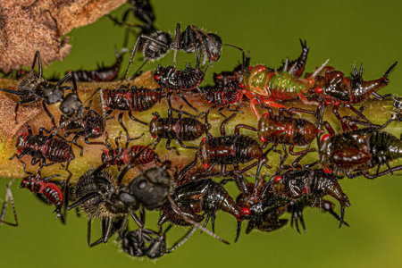 Adult Female Carpenter Ants of the genus Camponotus and Typical Treehoppers nymphs of the Family Membracidaeの写真素材