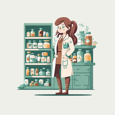 Minimalist illustration of a pharmacist person working in a drugstoreのイラスト素材