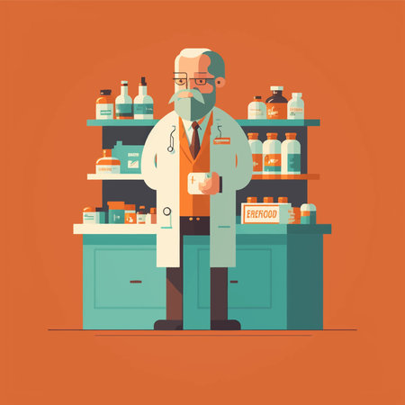 Minimalist illustration of a pharmacist person working in a drugstoreのイラスト素材