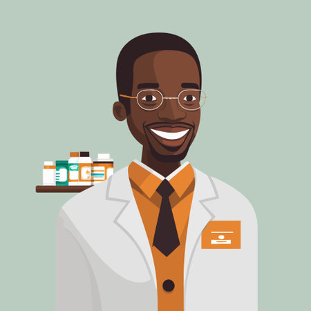 Vector illustration of an adult black man working a pharmacist, with shelf of drugstore drugs in the backgroundのイラスト素材