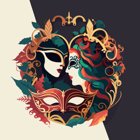 Illustration of fictional characters stylishly dressed up for a masquerade wearing ornate Venetian masks at carnivalのイラスト素材