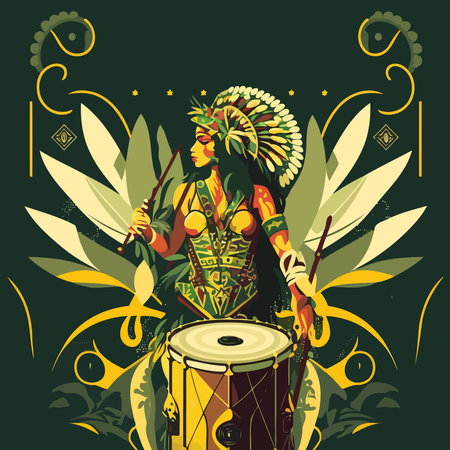 Illustration of a costumed fictional character representing a fictional samba school at the Brazilian carnivalのイラスト素材