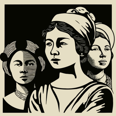 illustration of a group of adult women illustrating international women's day with fictional characters not based on real modelsのイラスト素材